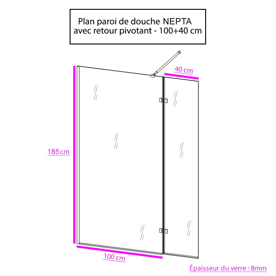 Paroi de douche en verre avec retour pivotant 100 cm x 185 cm NEPTA