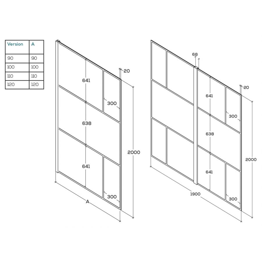 Paroi de douche noire style verrière 100 cm x 200 cm ATELIA schéma