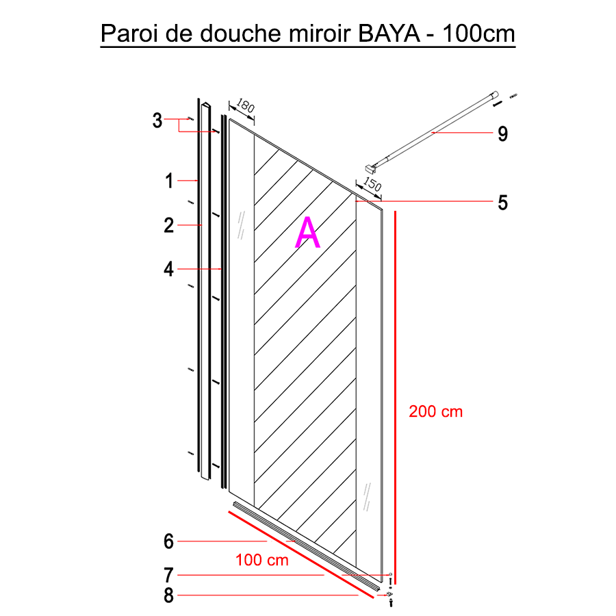 Paroi de douche effet miroir BAYA 100 cm x 200 cm