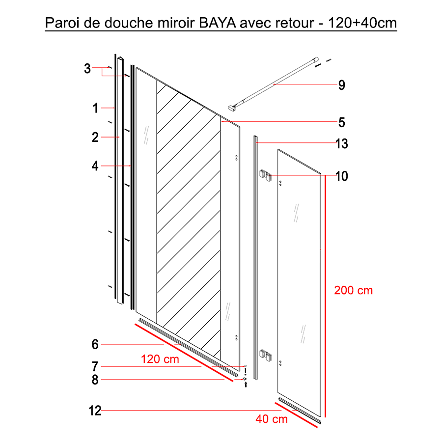 Paroi de douche effet miroir avec retour pivotant BAYA 120 cm x 200 cm