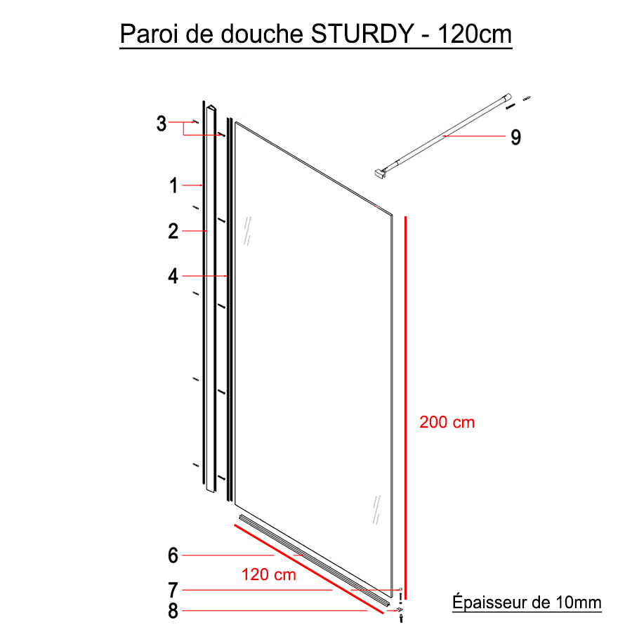 Paroi de douche à l'italienne en verre 10 mm STURDY 120 cm x 200 cm