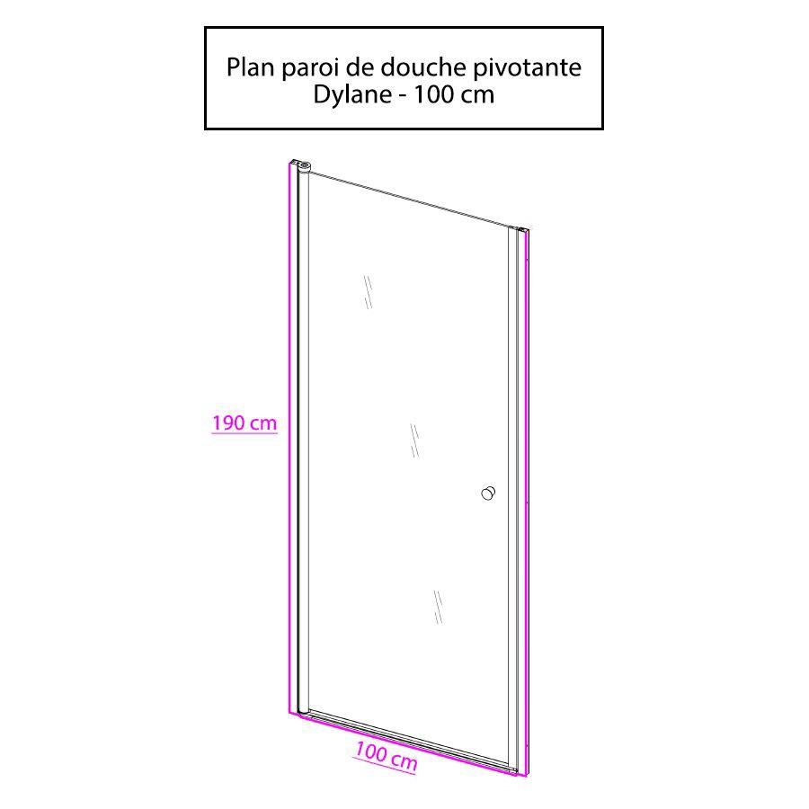 Porte de douche pivotante DYLANE 90 cm x 190 cm en verre securit transparent