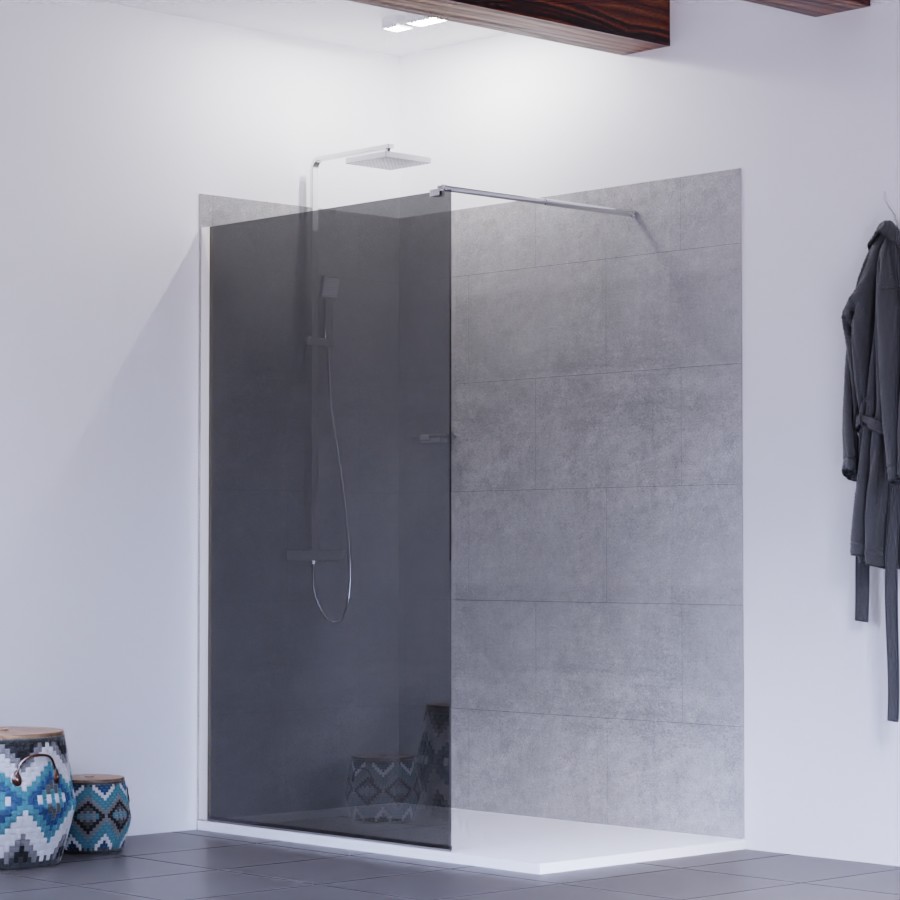 Paroi de douche fixe en verre 120 cm de largeur effet teinté légèrement réfléchissant et transparent livrée avec et barre de fixation horizontale
