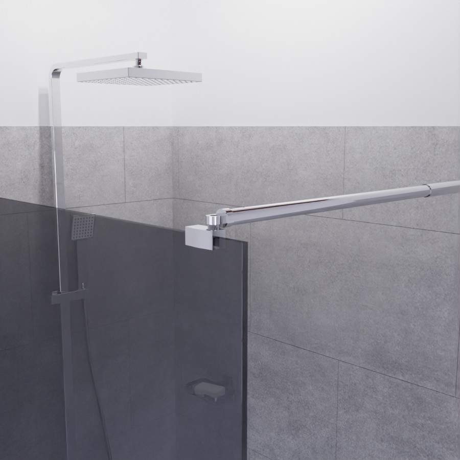 Paroi de douche fixe en verre 120 cm de largeur effet teinté légèrement réfléchissant et transparent livrée avec et barre de fixation horizontale