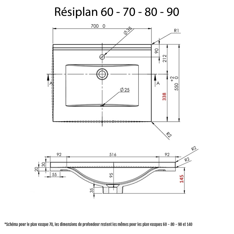 Plan simple vasque 60 cm x 55 cm RESIPLAN