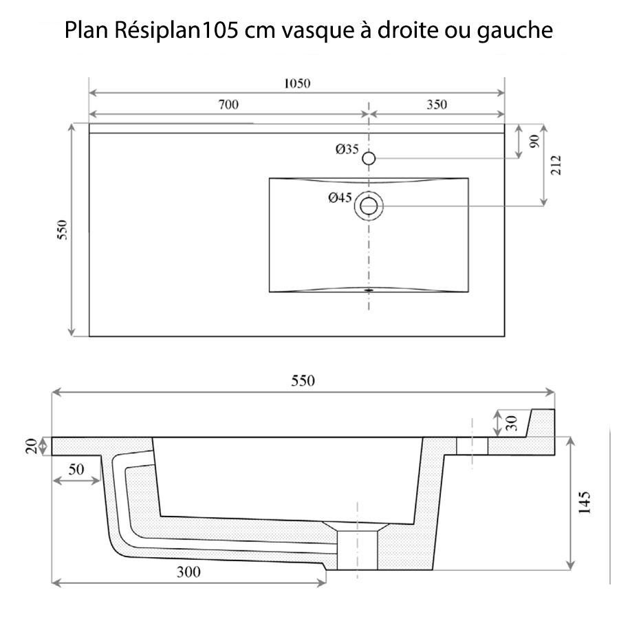 Plan simple vasque déportée à droite 105 cm x 55 cm RESIPLAN