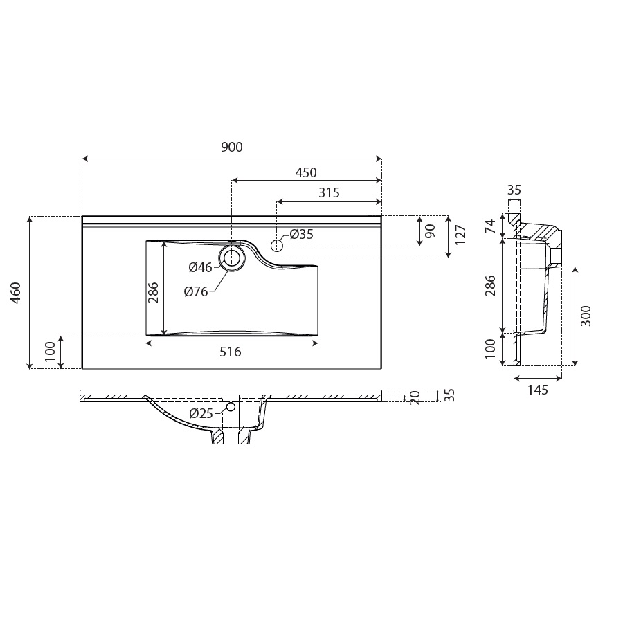 Plan simple vasque 90 cm x 46 cm RESILOGE