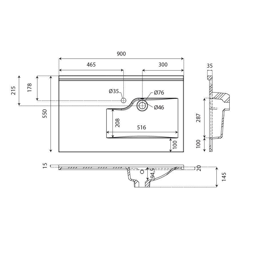 Plan simple vasque déportée à droite RESILOGE 90 cm x 55 cm