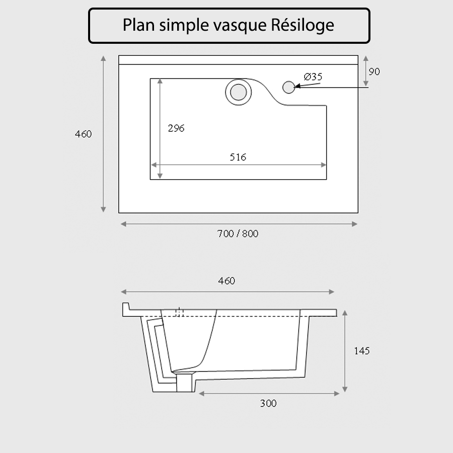 Plan simple vasque 80 cm x 46 cm RESILOGE