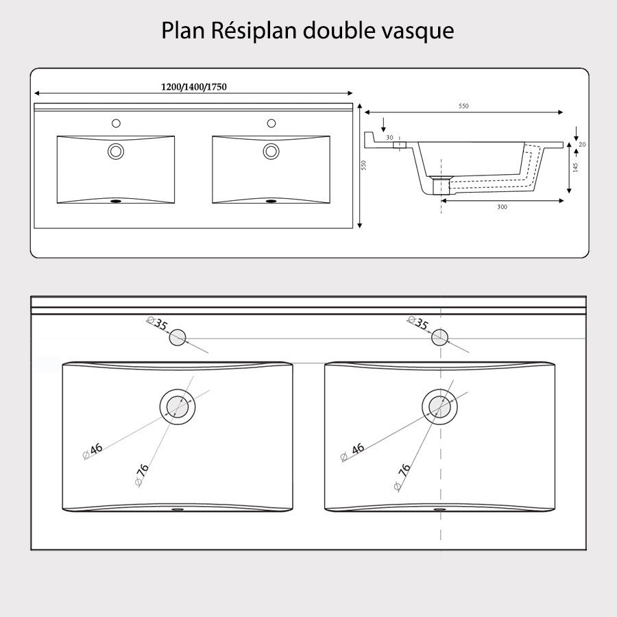 Plan double vasque 120 cm x 55 cm RESIPLAN 