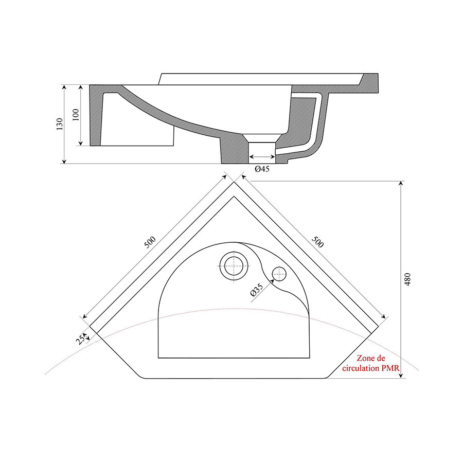 Vasque d'angle 50 cm x 48 cm RESIANGLE