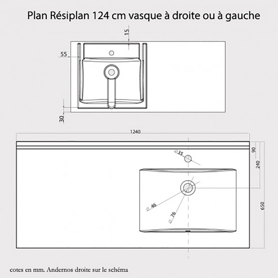 Plan simple vasque déportée à droite 124 cm x 65 cm RESIPLAN