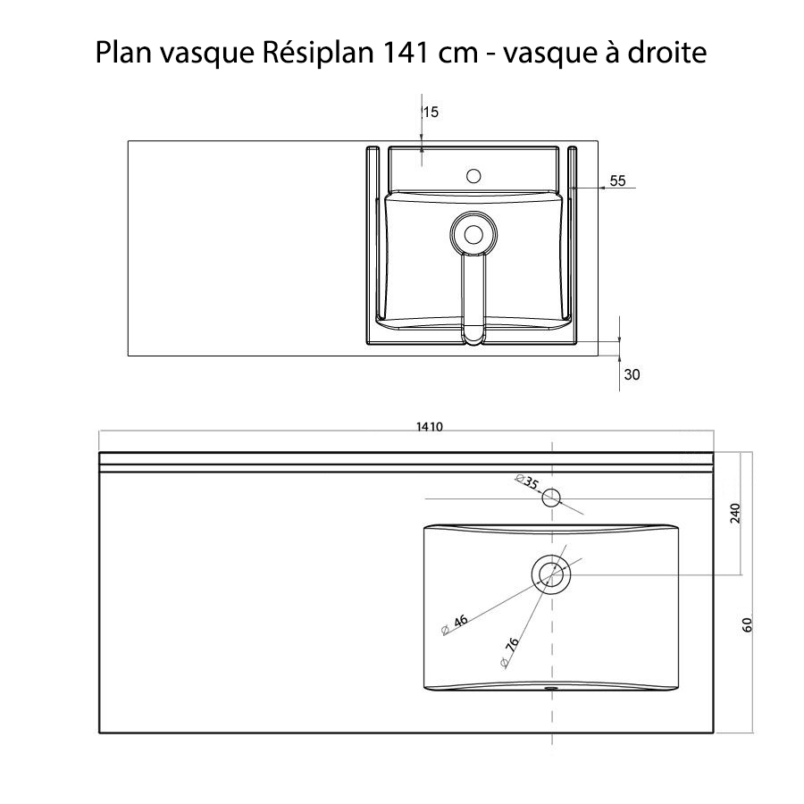 Plan simple vasque déportée à droite 141 cm x 60 cm RESIPLAN