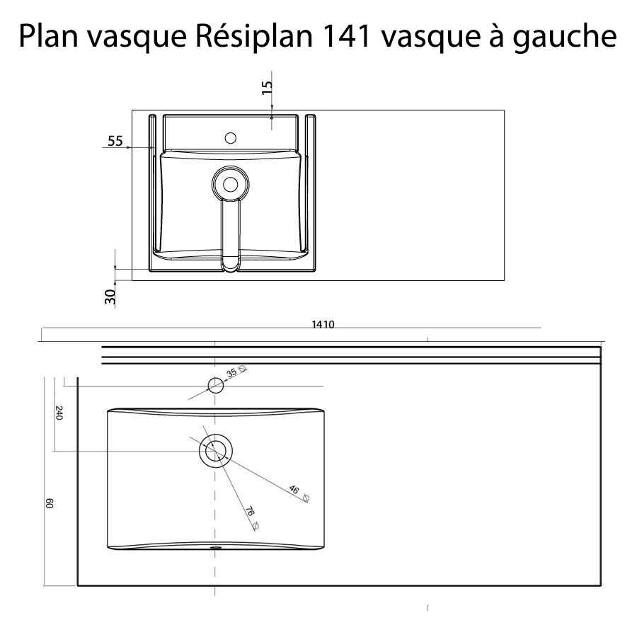 Plan simple vasque déportée à gauche 141 cm x 60 cm RESIPLAN