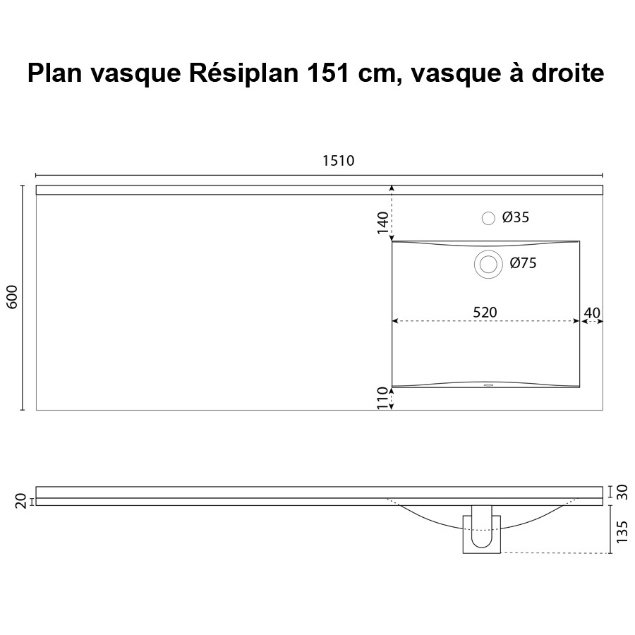 Plan simple vasque déportée à droite 151 cm x 60 cm RESIPLAN