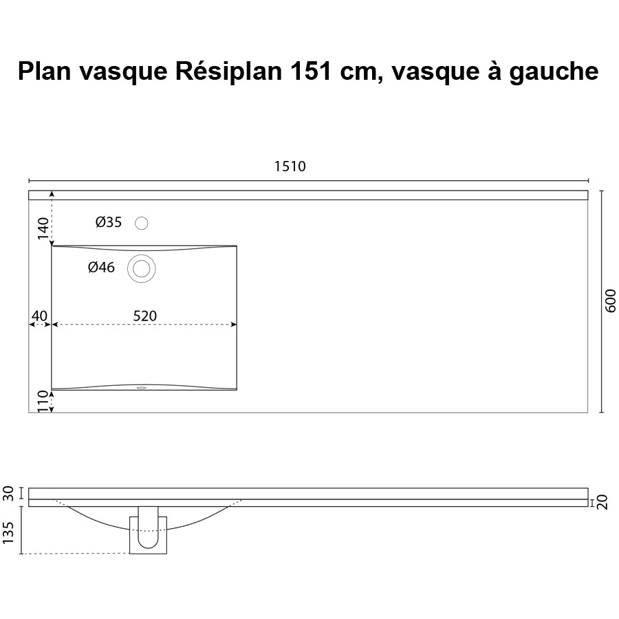 Plan simple vasque déportée à droite 151 cm x 60 cm RESIPLAN