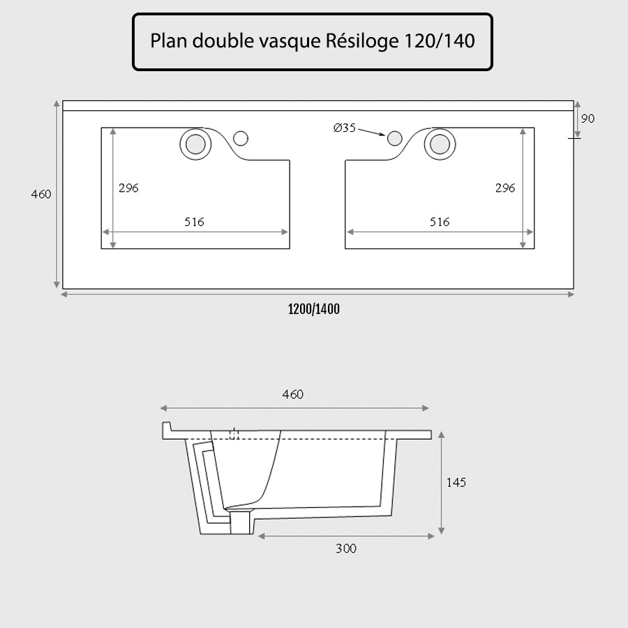 Plan double vasque 120 cm x 46 cm RESILOGE