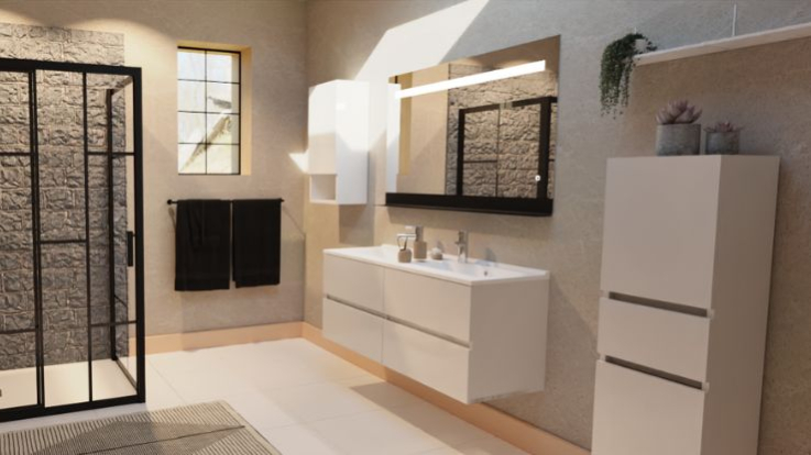 Salle de bain avec meuble suspendu, miroir et colonne de rangement